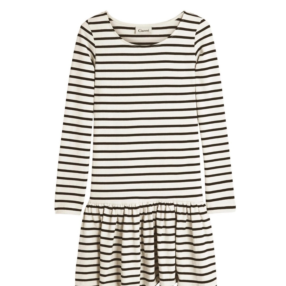 Ganni Striped Long Sleeve Ruffle Drop Waist Mini Dress Small Cream Navy Blue